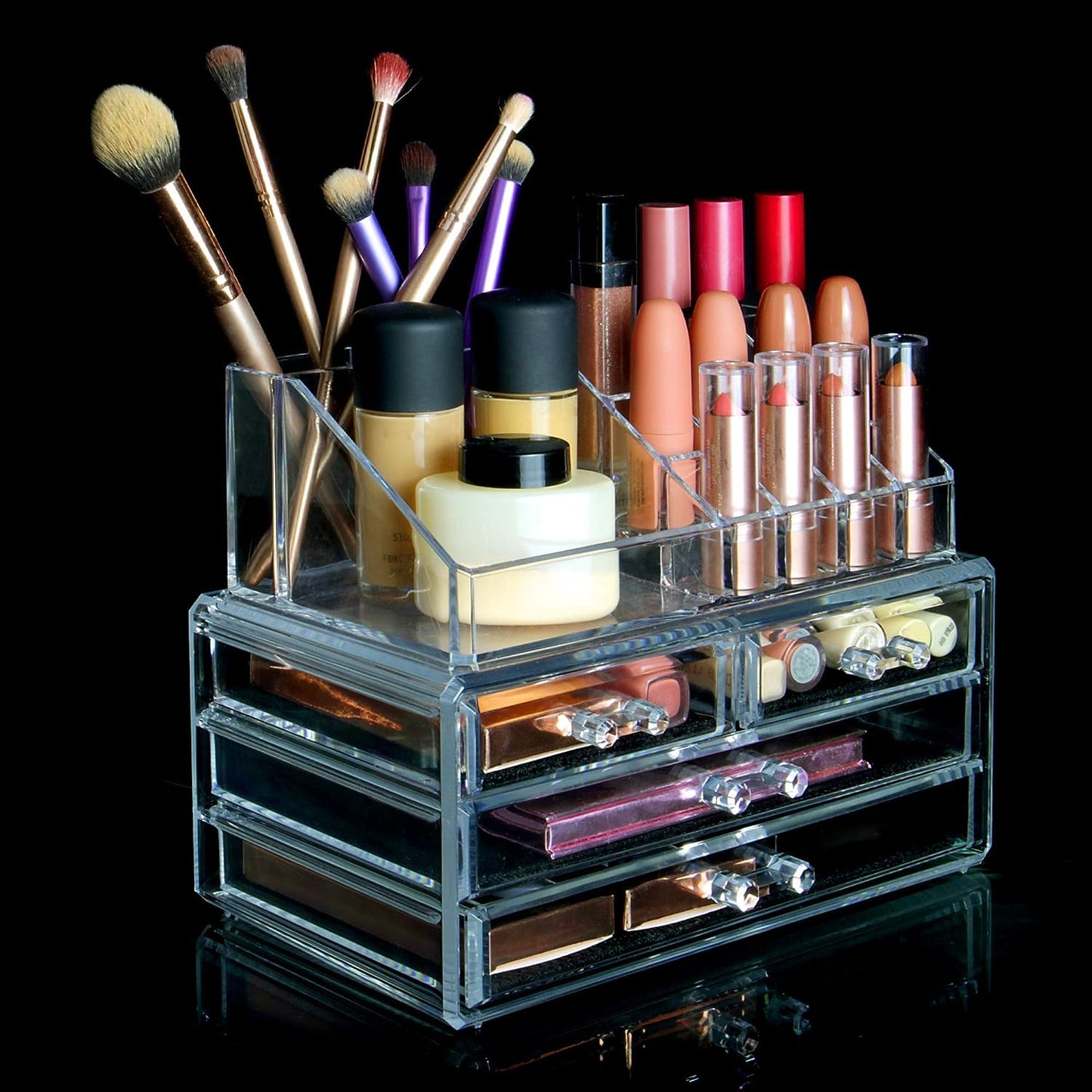 Organizador de maquillaje y joyería de cosméticos, acrílico transparente, 20 secciones, soporte de tocador, apilable o con cajones de pie incluidos.