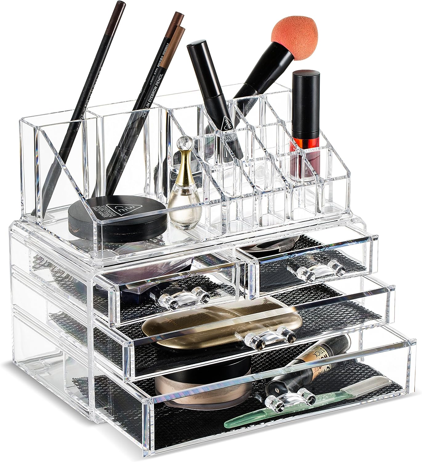 Organizador de maquillaje y joyería de cosméticos, acrílico transparente, 20 secciones, soporte de tocador, apilable o con cajones de pie incluidos.