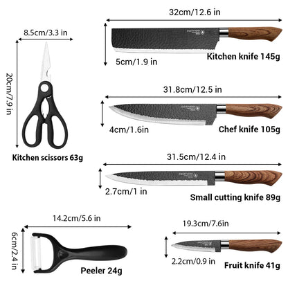 Juego de 6 cuchillos de cocina profesional  forjados en acero inoxidable de alto carbono, diseño super afilado para cocinar, cortar pelar y rebanar