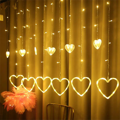 Cortina LED en Forma de corazón Cadena de luz para Colgar en la Ventana Luces de Cortina Cadena Net Navidad Decoración para Fiestas en casa Lámparas de decoración romántica de 2.5 Metros