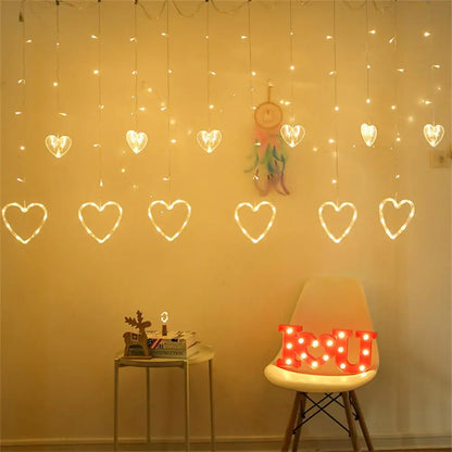 Cortina LED en Forma de corazón Cadena de luz para Colgar en la Ventana Luces de Cortina Cadena Net Navidad Decoración para Fiestas en casa Lámparas de decoración romántica de 2.5 Metros