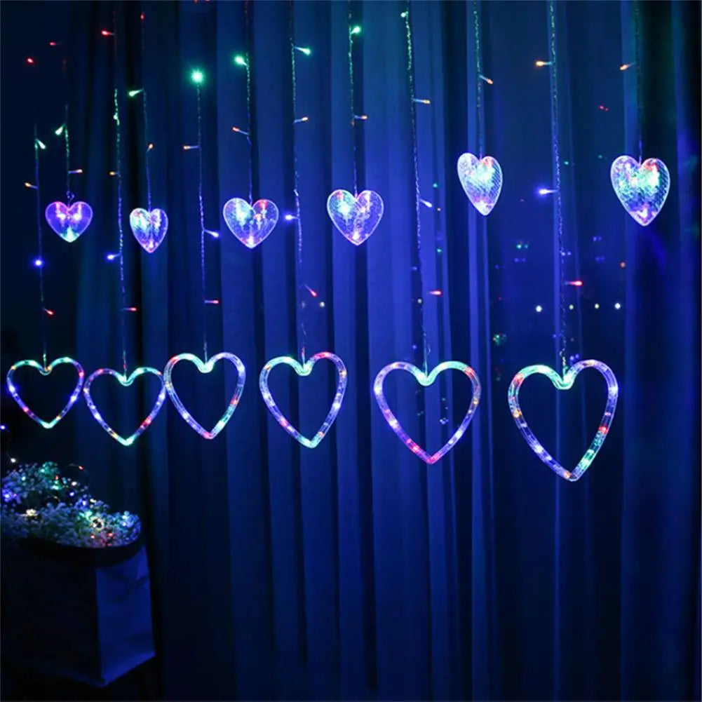 Cortina LED en Forma de corazón Cadena de luz para Colgar en la Ventana Luces de Cortina Cadena Net Navidad Decoración para Fiestas en casa Lámparas de decoración romántica de 2.5 Metros