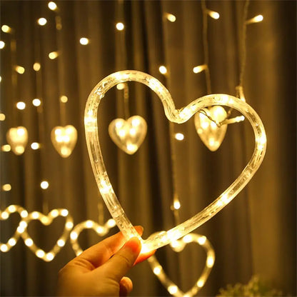 Cortina LED en Forma de corazón Cadena de luz para Colgar en la Ventana Luces de Cortina Cadena Net Navidad Decoración para Fiestas en casa Lámparas de decoración romántica de 2.5 Metros