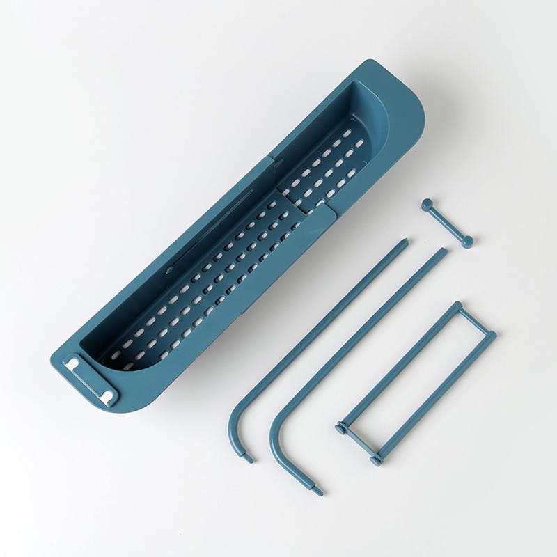 Organizador para fregadero con bandeja de drenaje y dispensador de plástico, extensible 2 en 1 con barra de toalla para cocina