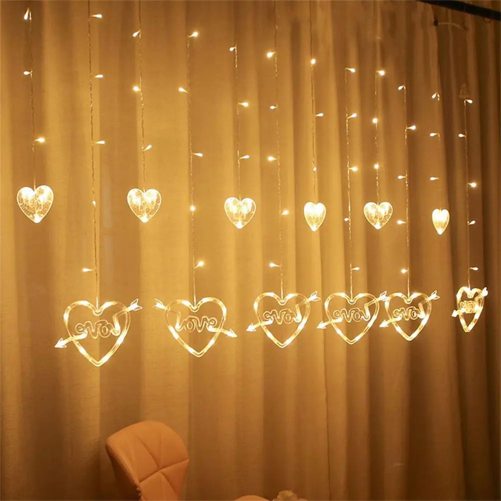 Cortina LED en Forma de corazón Cadena de luz para Colgar en la Ventana Luces de Cortina Cadena Net Navidad Decoración para Fiestas en casa Lámparas de decoración romántica de 2.5 Metros