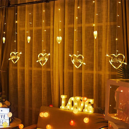 Cortina LED en Forma de corazón Cadena de luz para Colgar en la Ventana Luces de Cortina Cadena Net Navidad Decoración para Fiestas en casa Lámparas de decoración romántica de 2.5 Metros