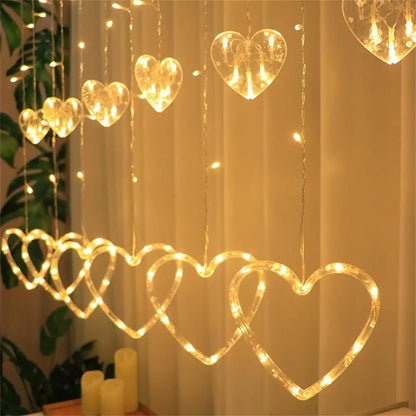 Cortina LED en Forma de corazón Cadena de luz para Colgar en la Ventana Luces de Cortina Cadena Net Navidad Decoración para Fiestas en casa Lámparas de decoración romántica de 2.5 Metros