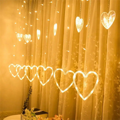 Cortina LED en Forma de corazón Cadena de luz para Colgar en la Ventana Luces de Cortina Cadena Net Navidad Decoración para Fiestas en casa Lámparas de decoración romántica de 2.5 Metros