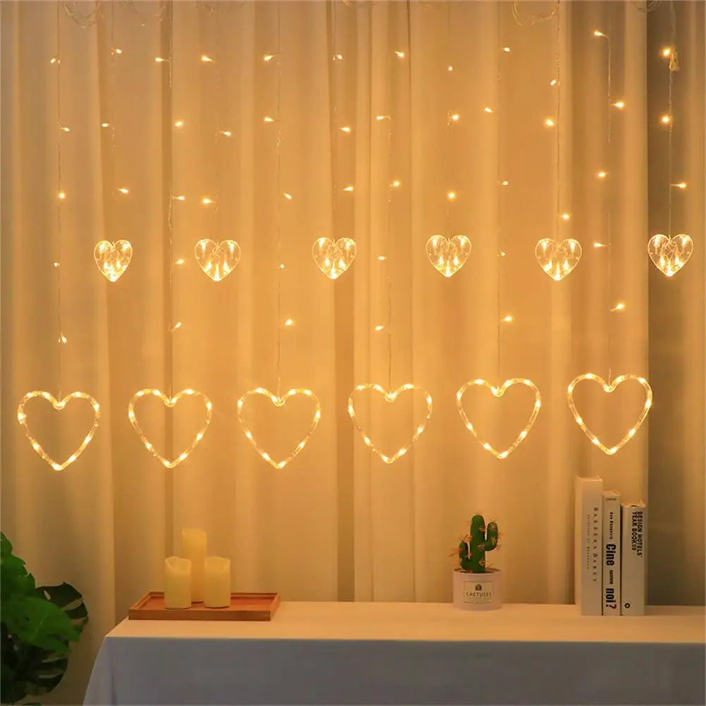 Cortina LED en Forma de corazón Cadena de luz para Colgar en la Ventana Luces de Cortina Cadena Net Navidad Decoración para Fiestas en casa Lámparas de decoración romántica de 2.5 Metros