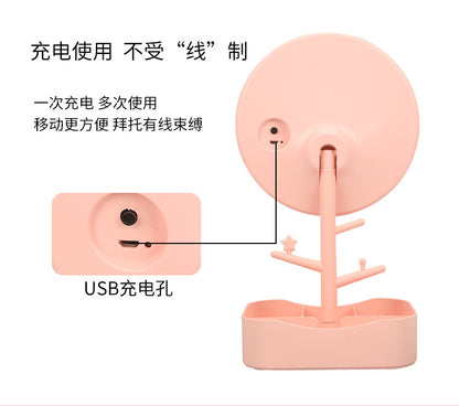 Espejo de maquillaje con luz LED con bandeja de almacenamiento multifuncional
