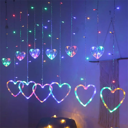 Cortina LED en Forma de corazón Cadena de luz para Colgar en la Ventana Luces de Cortina Cadena Net Navidad Decoración para Fiestas en casa Lámparas de decoración romántica de 2.5 Metros