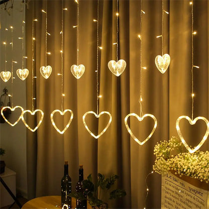 Cortina LED en Forma de corazón Cadena de luz para Colgar en la Ventana Luces de Cortina Cadena Net Navidad Decoración para Fiestas en casa Lámparas de decoración romántica de 2.5 Metros