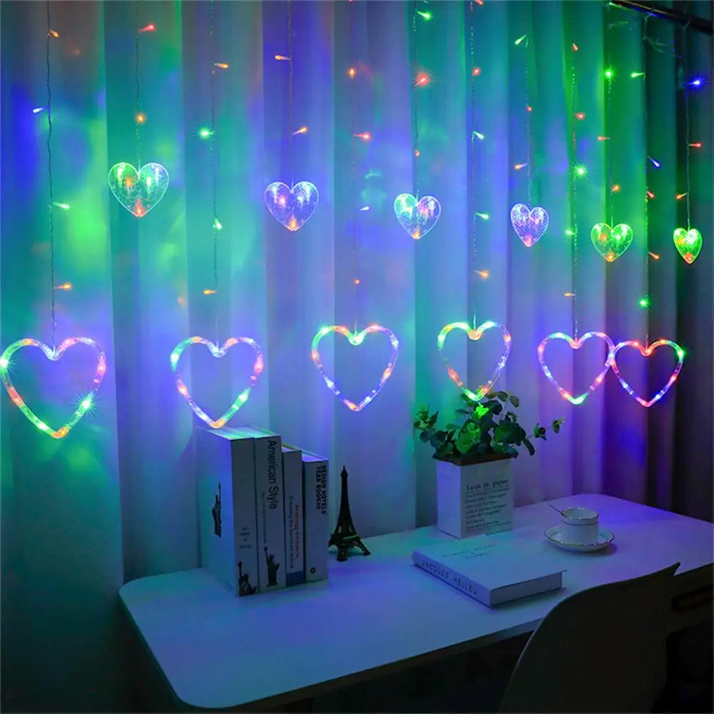 Cortina LED en Forma de corazón Cadena de luz para Colgar en la Ventana Luces de Cortina Cadena Net Navidad Decoración para Fiestas en casa Lámparas de decoración romántica de 2.5 Metros