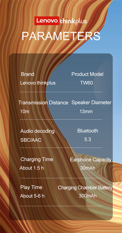 Lenovo-auriculares inalámbricos TW60 TWS, cascos con Bluetooth 5,3, reducción de ruido, 300mAH, modo de espera largo, micrófono Dual HD