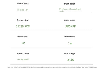 Ventilador Plegable Portátil, Recargable Micro USB Reducción de Ruido