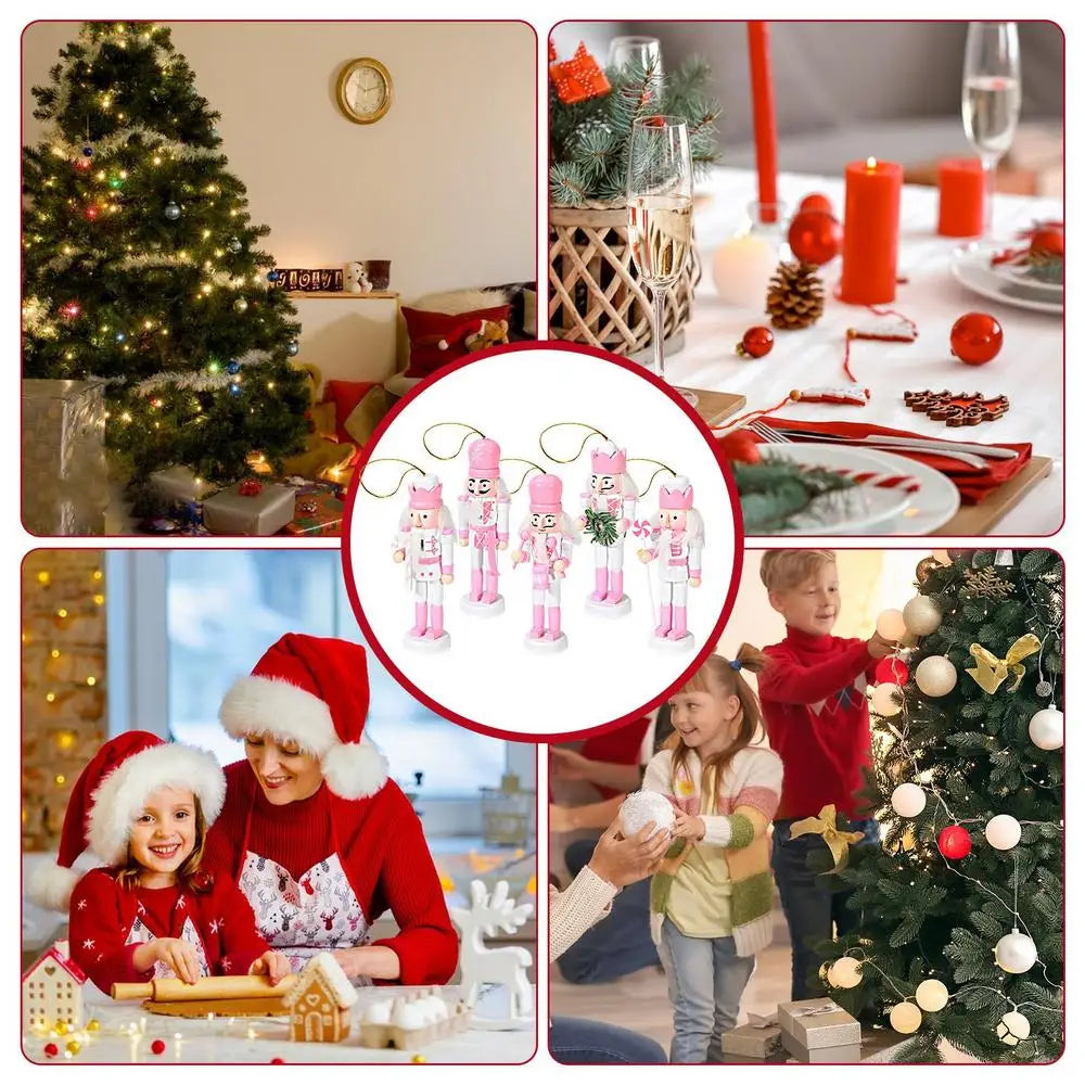 Juego de decoración de Cascanueces de Navidad, 5 piezas, adorno colgante de madera rosa, el mejor juguete de marionetas, figuritas de árbol, accesorio para regalo