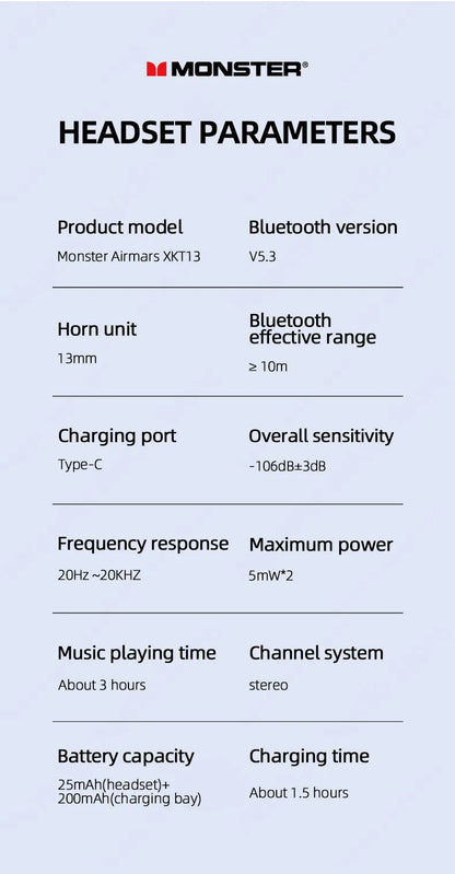 Monster XKT33 Auriculares Inalámbricos Bluetooth con larga resistencia sonido envolvente HIFI  llamada clara uso cómodo tacto inteligente