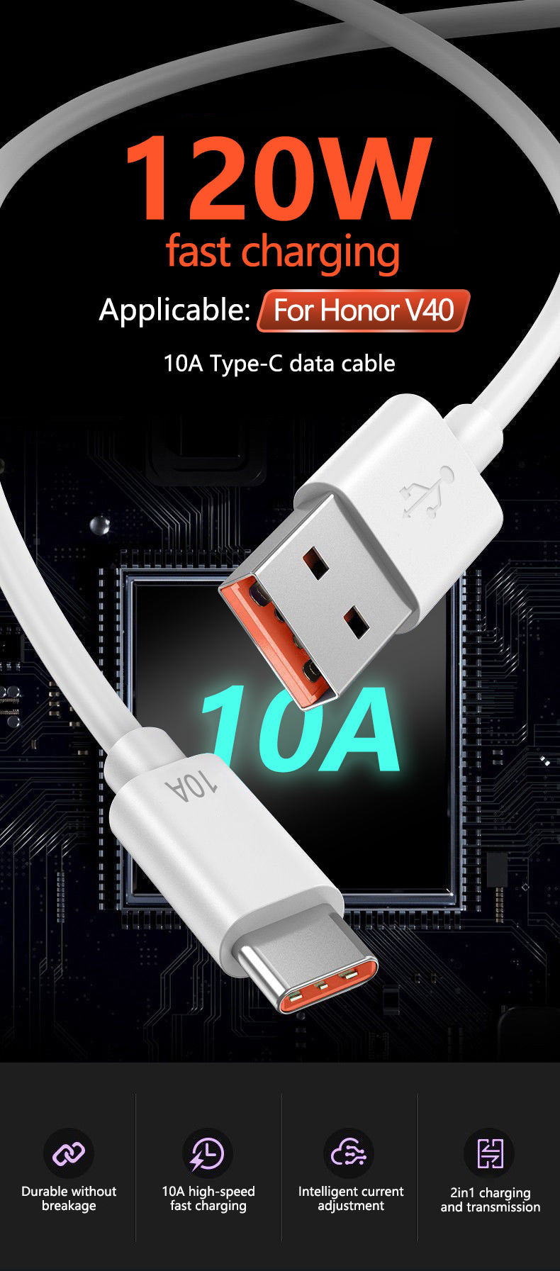 Cable USB Type C 1M Carga Súper Rápida, Cable de datos 10A, 120W Compatible Con Huawei