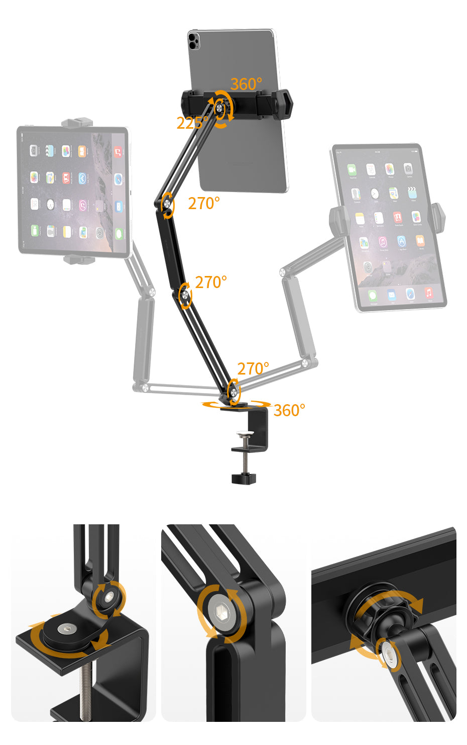 Soporte ajustable multiángulo de 5 ejes giratorio de aleación de aluminio plegable, soporte de video para tableta de 4 a 14 pulgadas