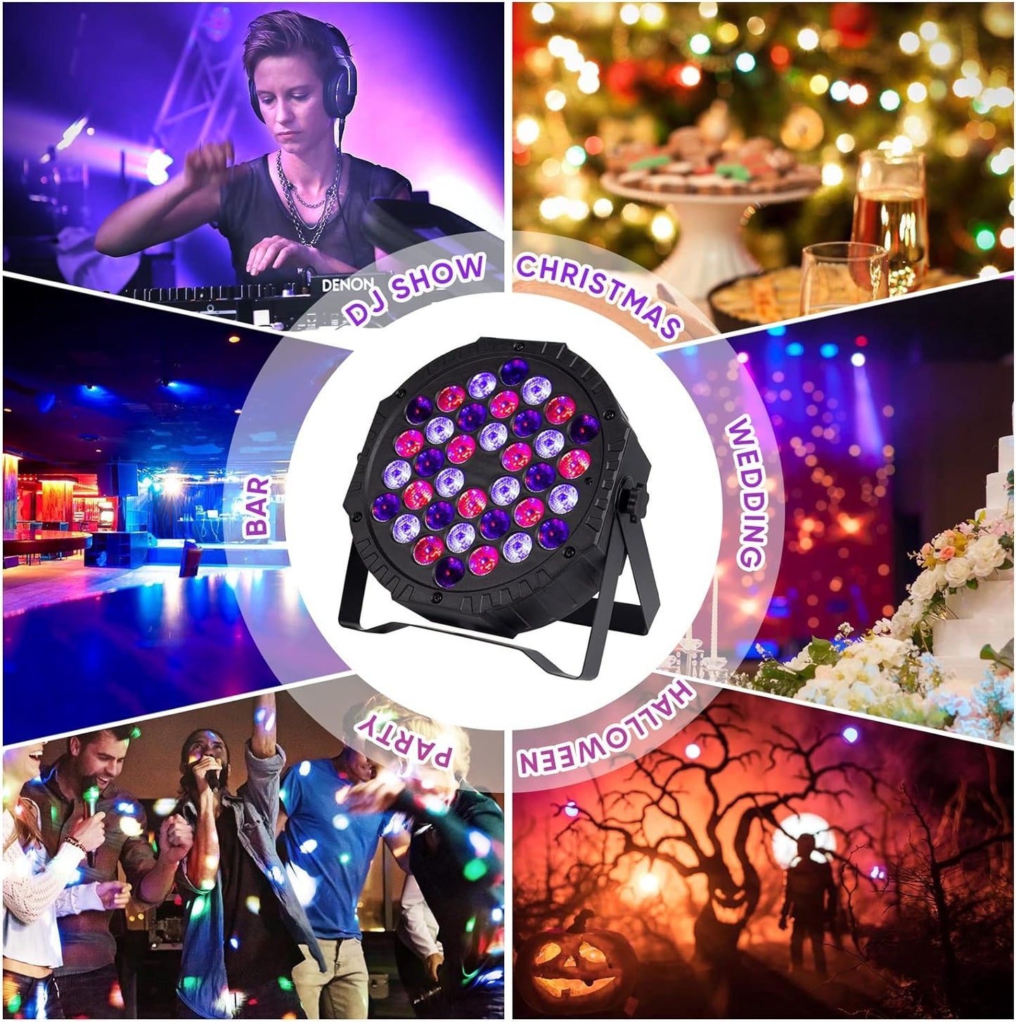 Luz de escenario plana LED RGB DMX512 de 36 luces de ALIEN efecto para fiesta de DJ, disco, boda, vacaciones, bar, club, decoración de espectáculo, lámpara activada por sonido